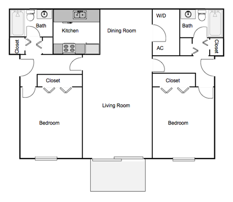 Floor plan for 2 beds, 2 baths, 1044 sqft